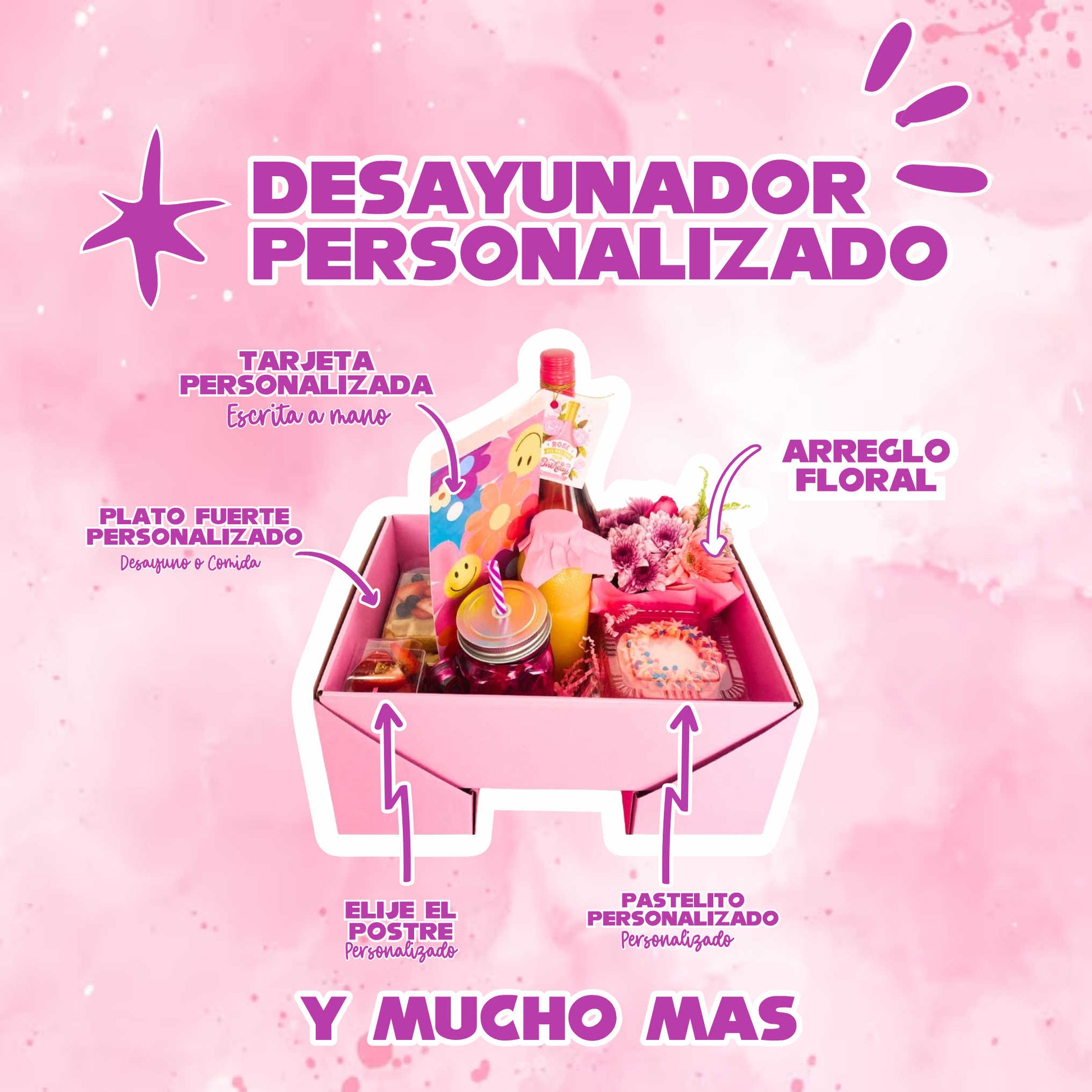 imagen representa el contenido que se puede personalizar de los desayunos lemons regalos indica con flechas cada uno de postre snacks, bebidas del desayuno sorpresa con entrega en ciudad juarez