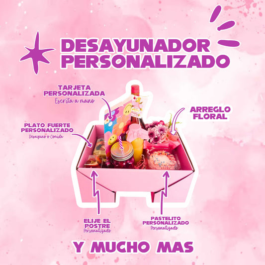 imagen representa el contenido que se puede personalizar de los desayunos lemons regalos indica con flechas cada uno de postre snacks, bebidas del desayuno sorpresa con entrega en ciudad juarez